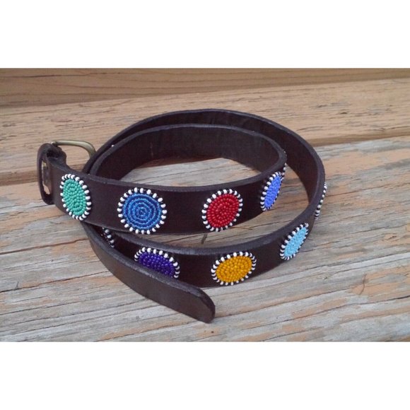 Belt Beaded Circles Handmade Masaai Maasai Masai leather Sz 35 (34\